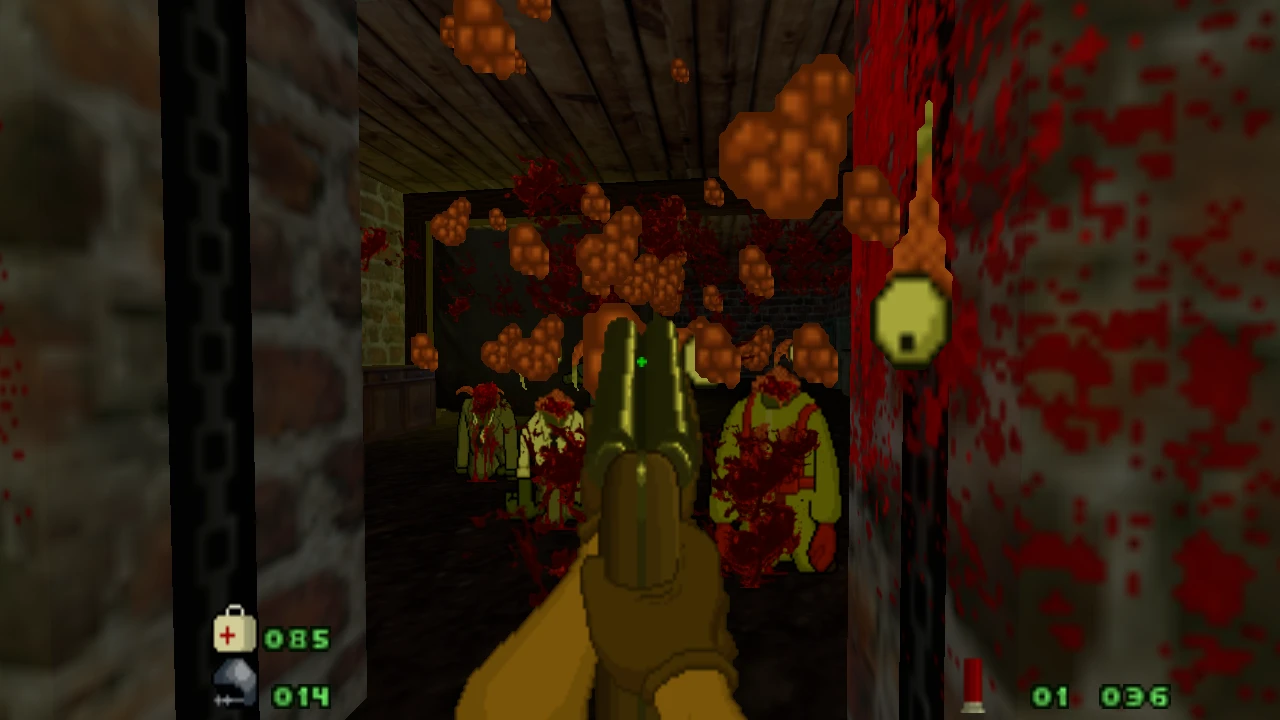 Vista en primera persona de una escopeta disparando a enemigos humanoides ensangrentados en un pasillo oscuro y estrecho en el mod DEAD HUNGER de Doom II