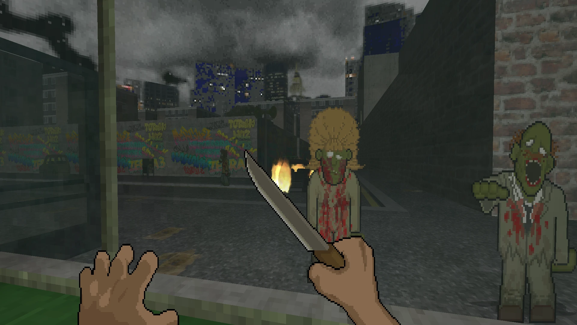 Vista en primera persona con un cuchillo frente a zombis pixelados en un entorno urbano oscuro en el mod DEAD HUNGER de Doom II