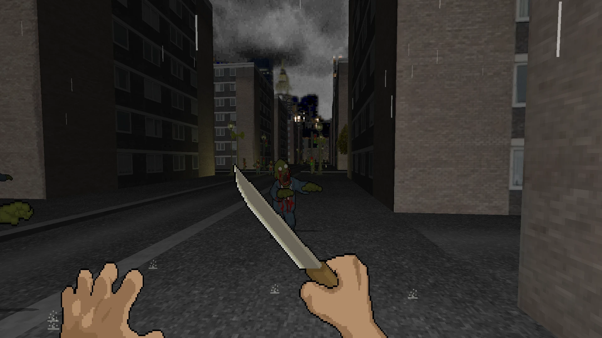 Vista en primera persona de un personaje con cuchillo enfrentando a un zombi en una calle oscura de la ciudad en el mod DEAD HUNGER