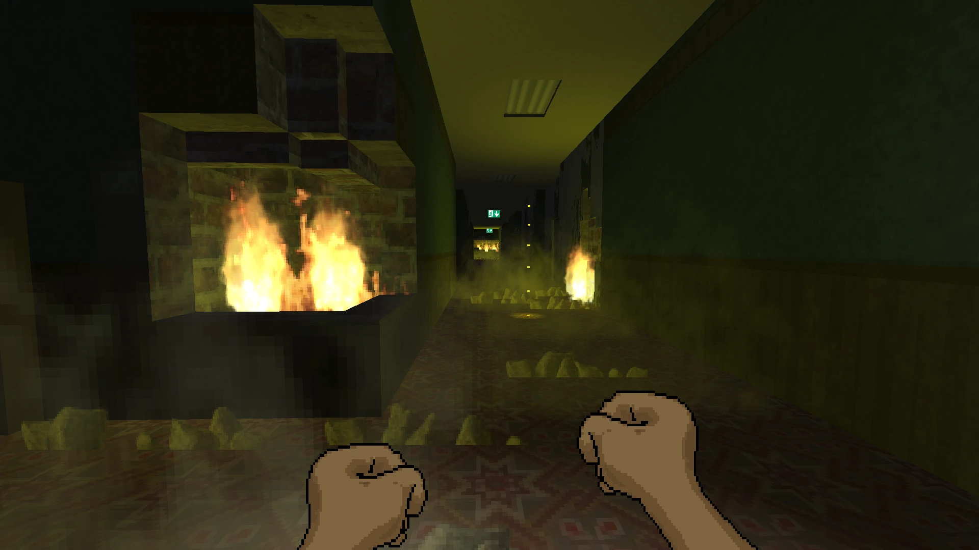 Vista en primera persona de puños en un pasillo oscuro con fuego en las paredes del mod DEAD HUNGER para Doom II