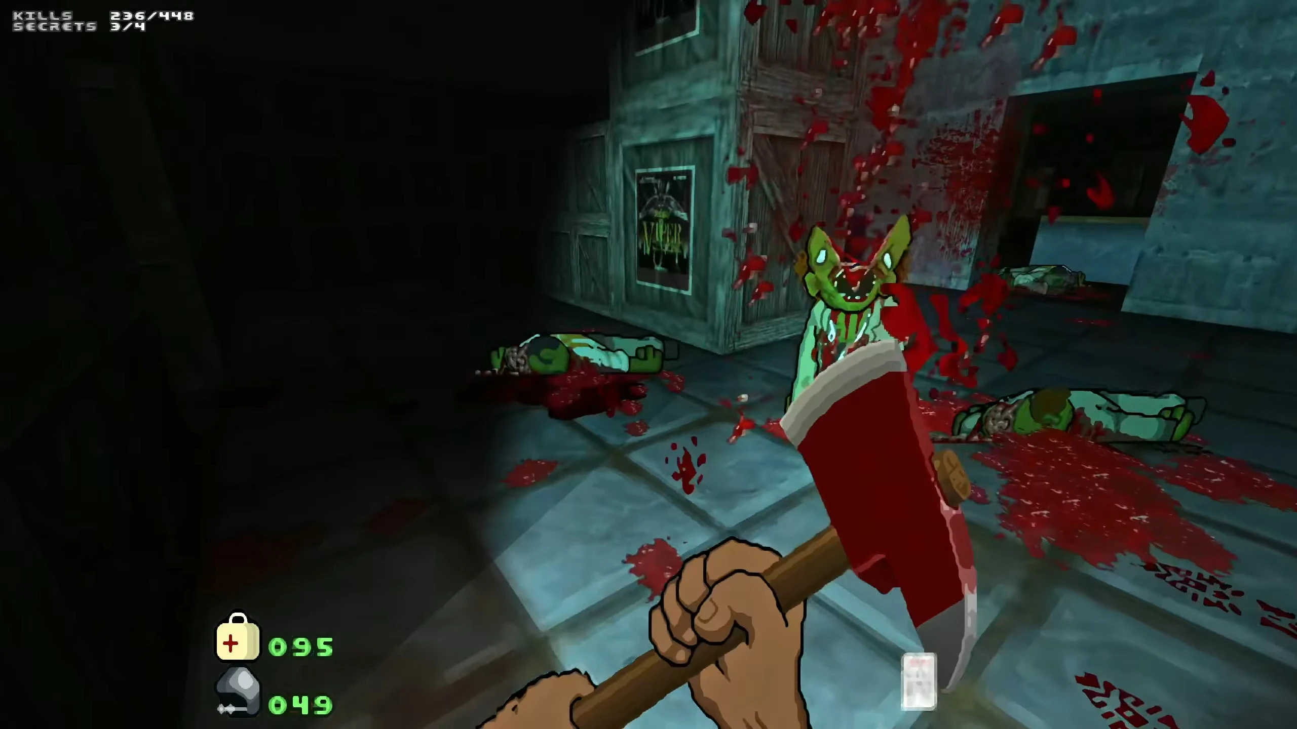 Vista en primera persona de jugador con hacha roja atacando demonios verdes en pasillo salpicado de sangre en mod Dead Hunger para Doom II