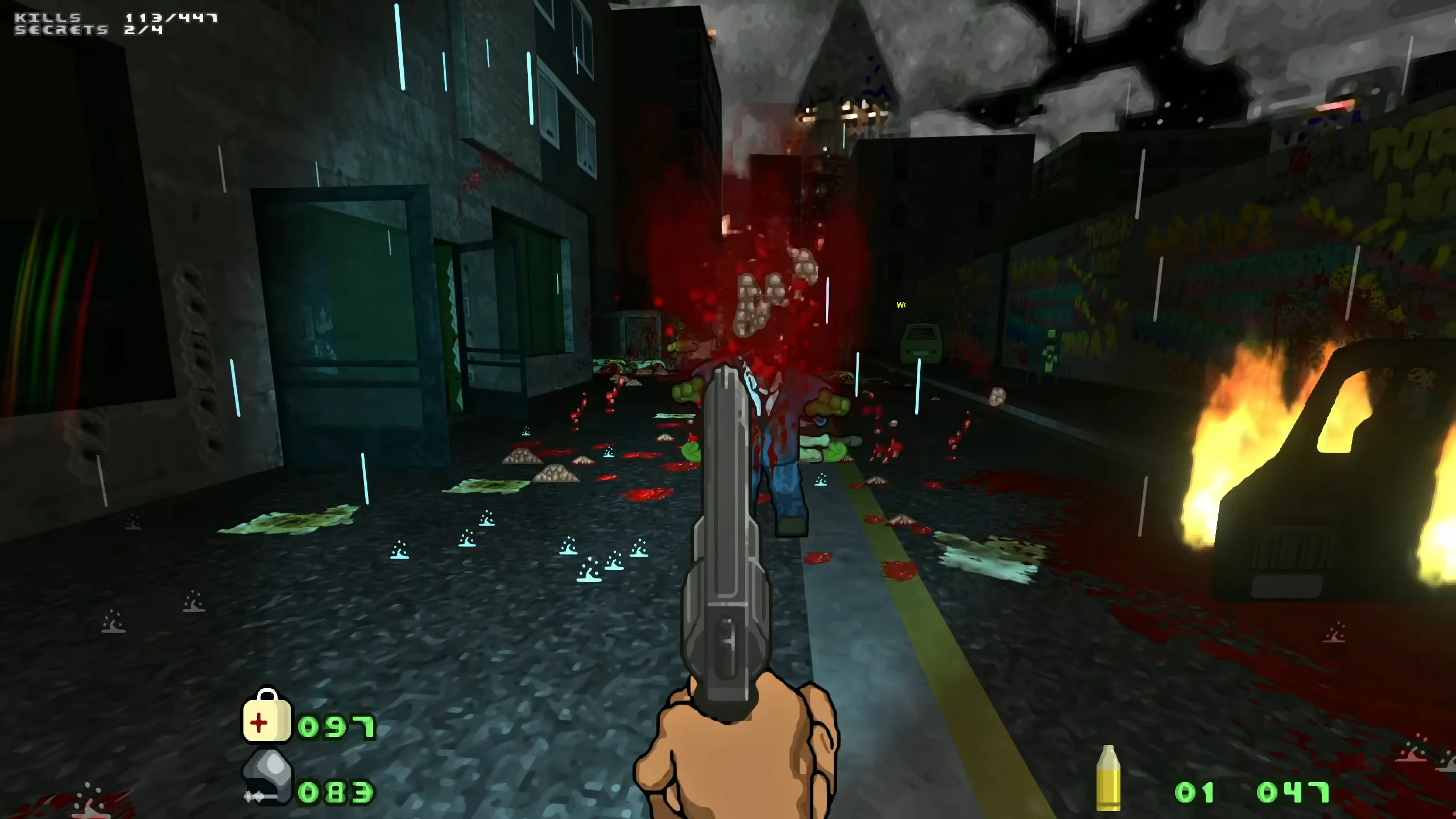 Vista en primera persona apuntando con pistola a un zombi en calle urbana lluviosa con fuego y sangre en mod DEAD HUNGER para Doom II