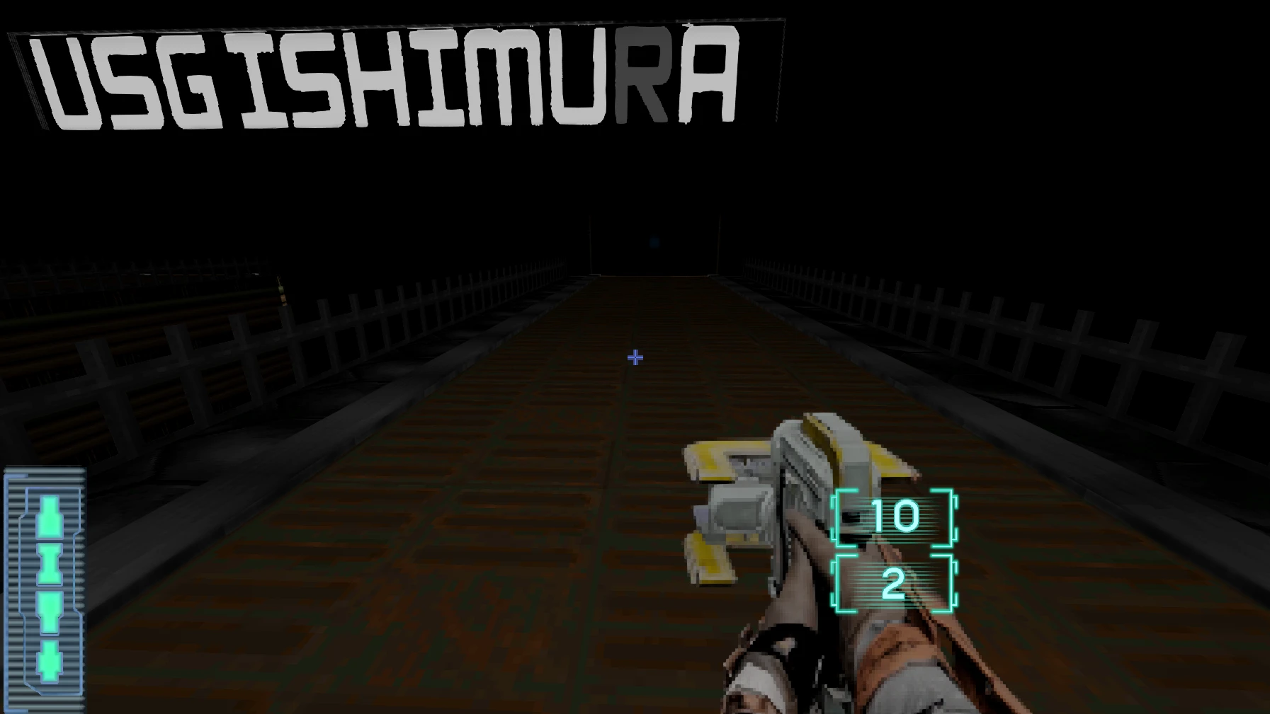 First-person view inside a dark corridor with weapon HUD labeled USG Ishimura in Doom II mod