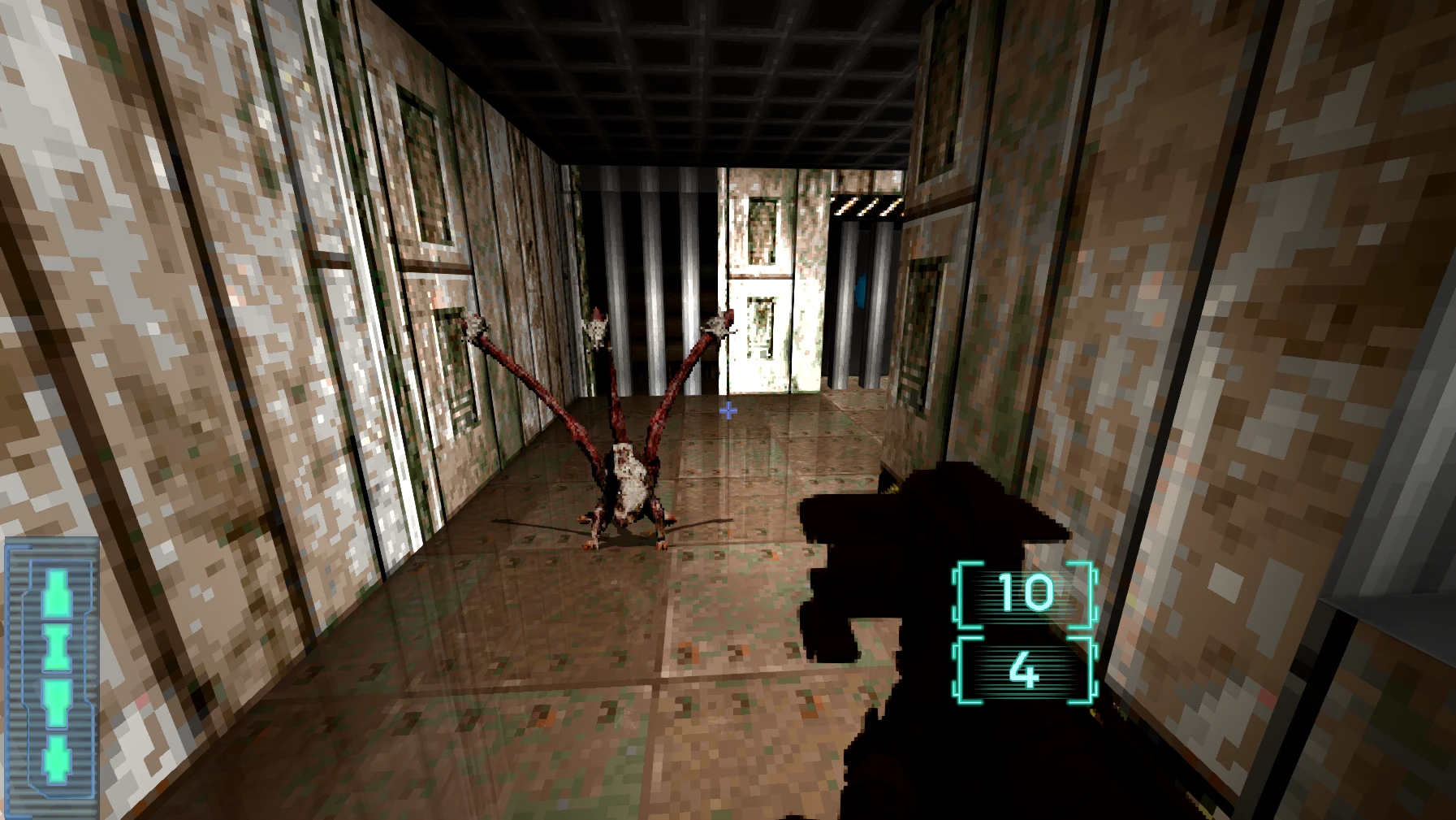 First-person view showing player aiming at alien creature in metallic corridor in Doom II mod