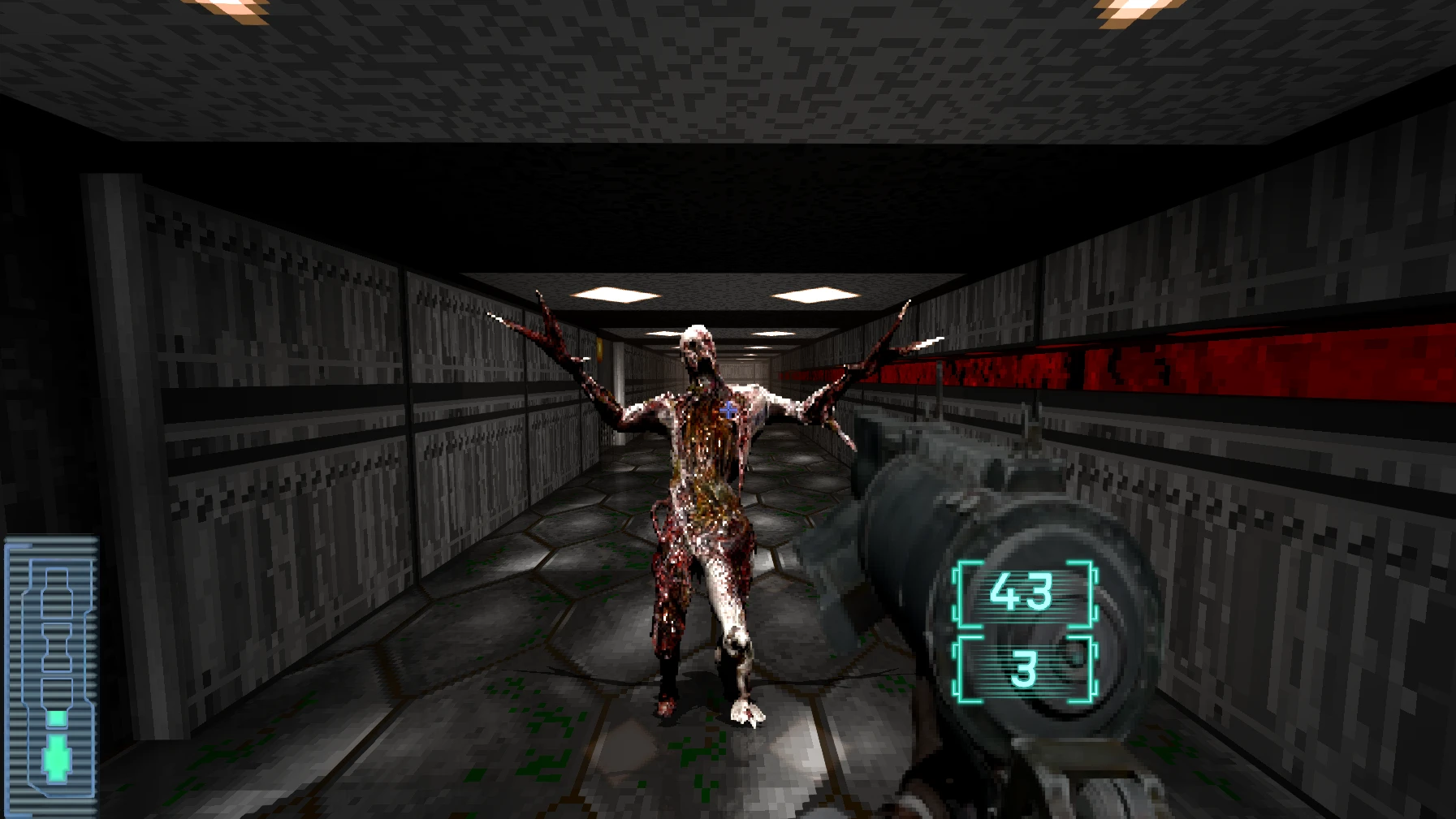 First-person view aiming a futuristic weapon at a grotesque zombie-like creature in a metallic sci-fi corridor
