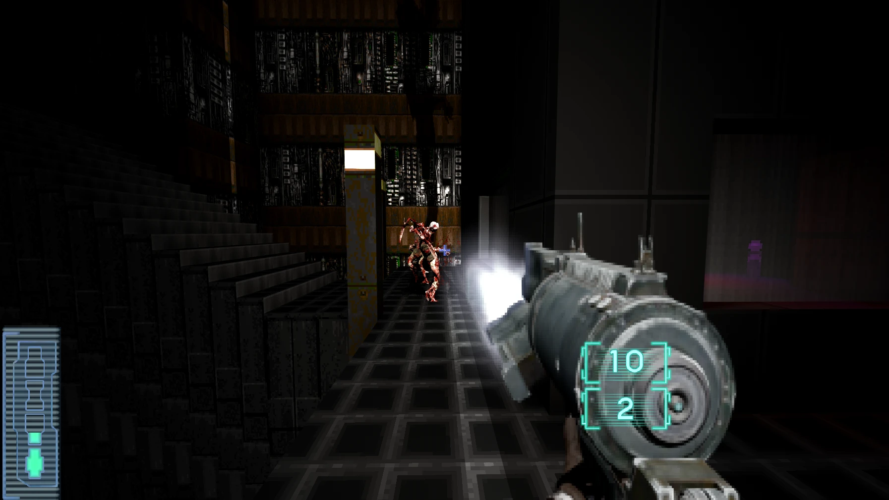 Player shooting at a grotesque monster in a dim sci-fi corridor with futuristic weapon HUD