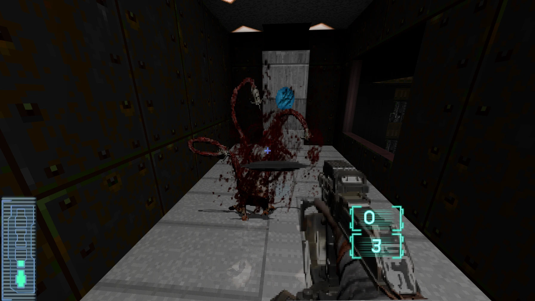 Player shooting a tentacled creature with futuristic gun in a narrow dimly lit corridor