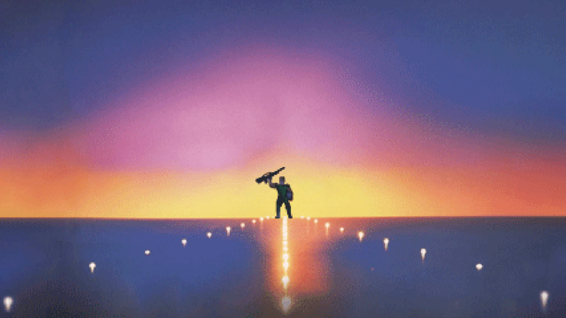 Піксельний солдат стоїть на освітленій дорозі на заході сонця, тримаючи ракетницю в моді Doom II