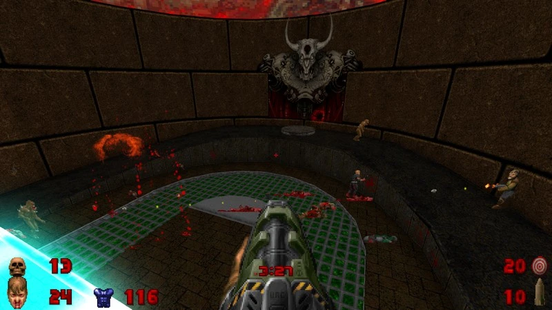 Гравець стріляє в круговій арені з ворогами у моді Doom II Deathmatch Simulator