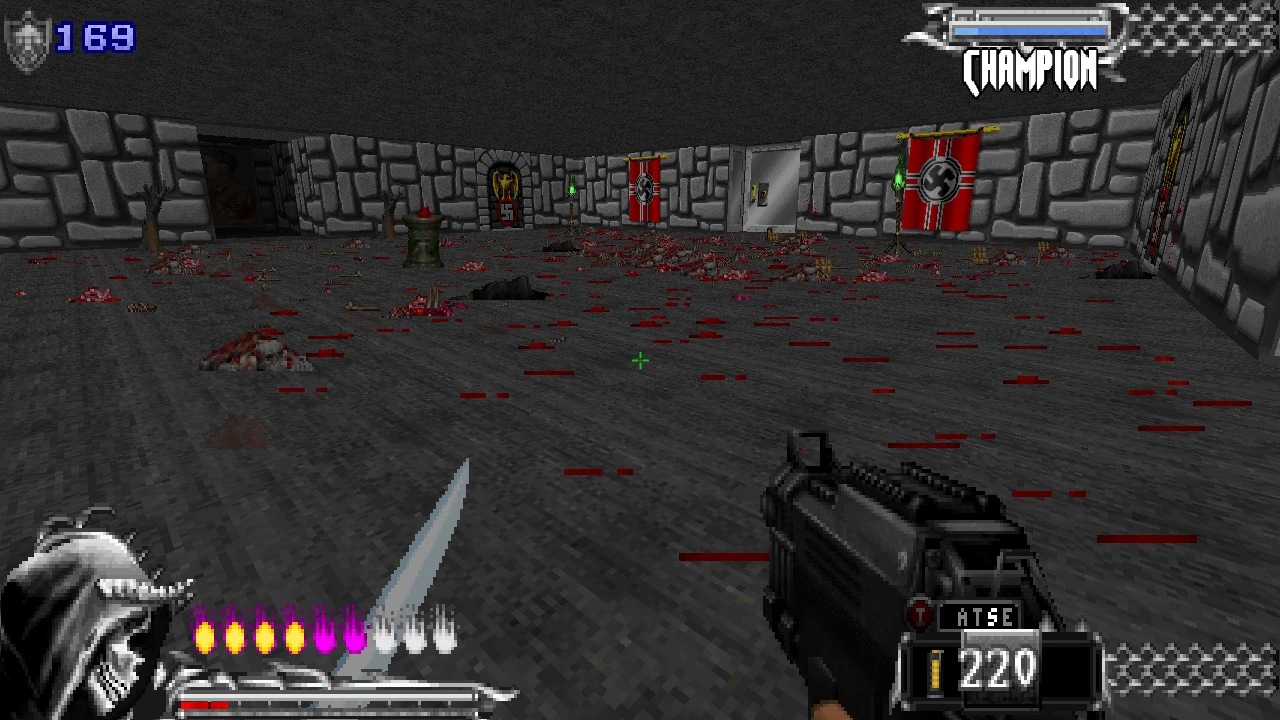 Im Screenshot des Doom II DemonSteele-Mods steht ein Spieler mit Waffe in einem blutbefleckten Steinsaal mit der Aufschrift CHAMPION