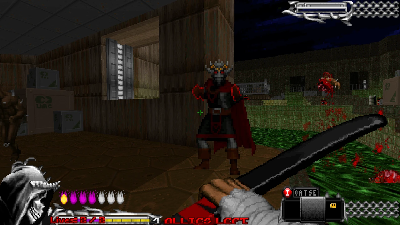 Ego-Perspektive mit Spieler, der ein Schwert hält und einen dämonischen bewaffneten Feind in dunklem Raum sieht