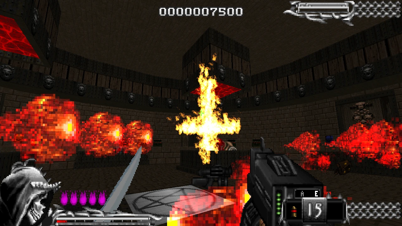 Gameplay-Screenshot zeigt Spieler mit Waffe und Schwert, der gegen Feuerballprojektile im Doom II DemonSteele Mod kämpft