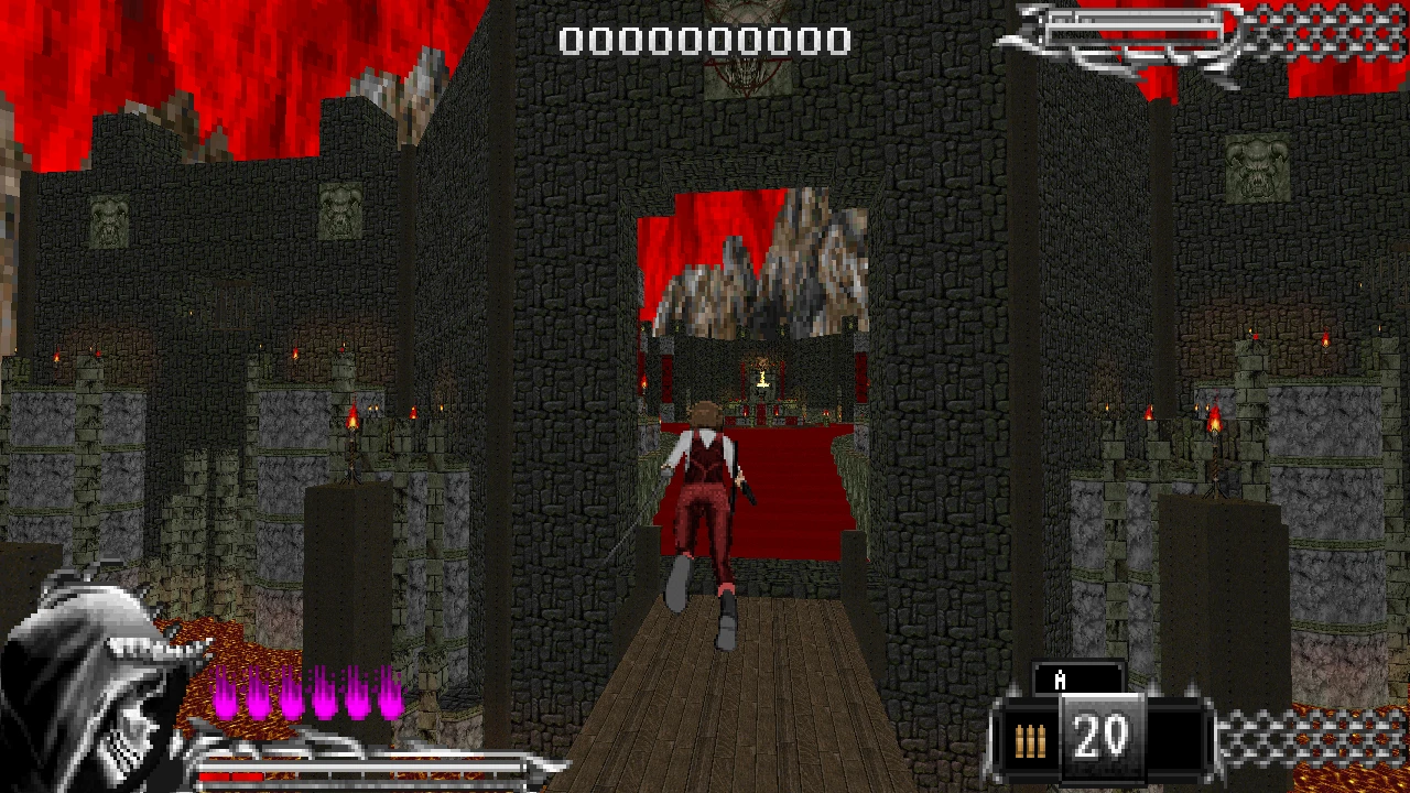 Dritte-Person-Ansicht des Charakters, der in einer dunklen Burgumgebung mit Lava-Grube im Doom II DemonSteele-Mod über eine Brücke läuft
