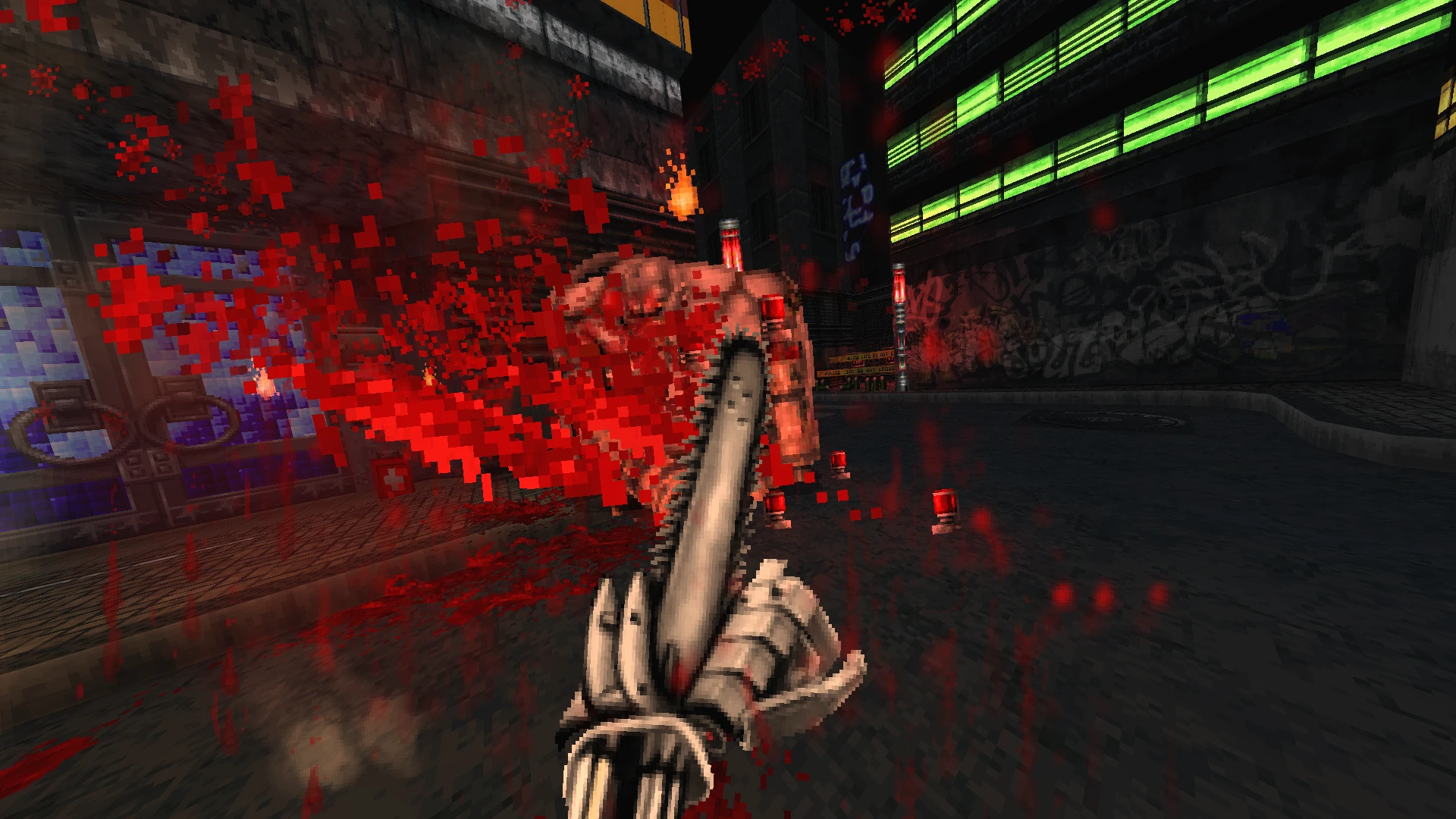 Вид від першої особи атаки бензопилою з піксельним ефектом крові на ворогові у темному міському оточенні