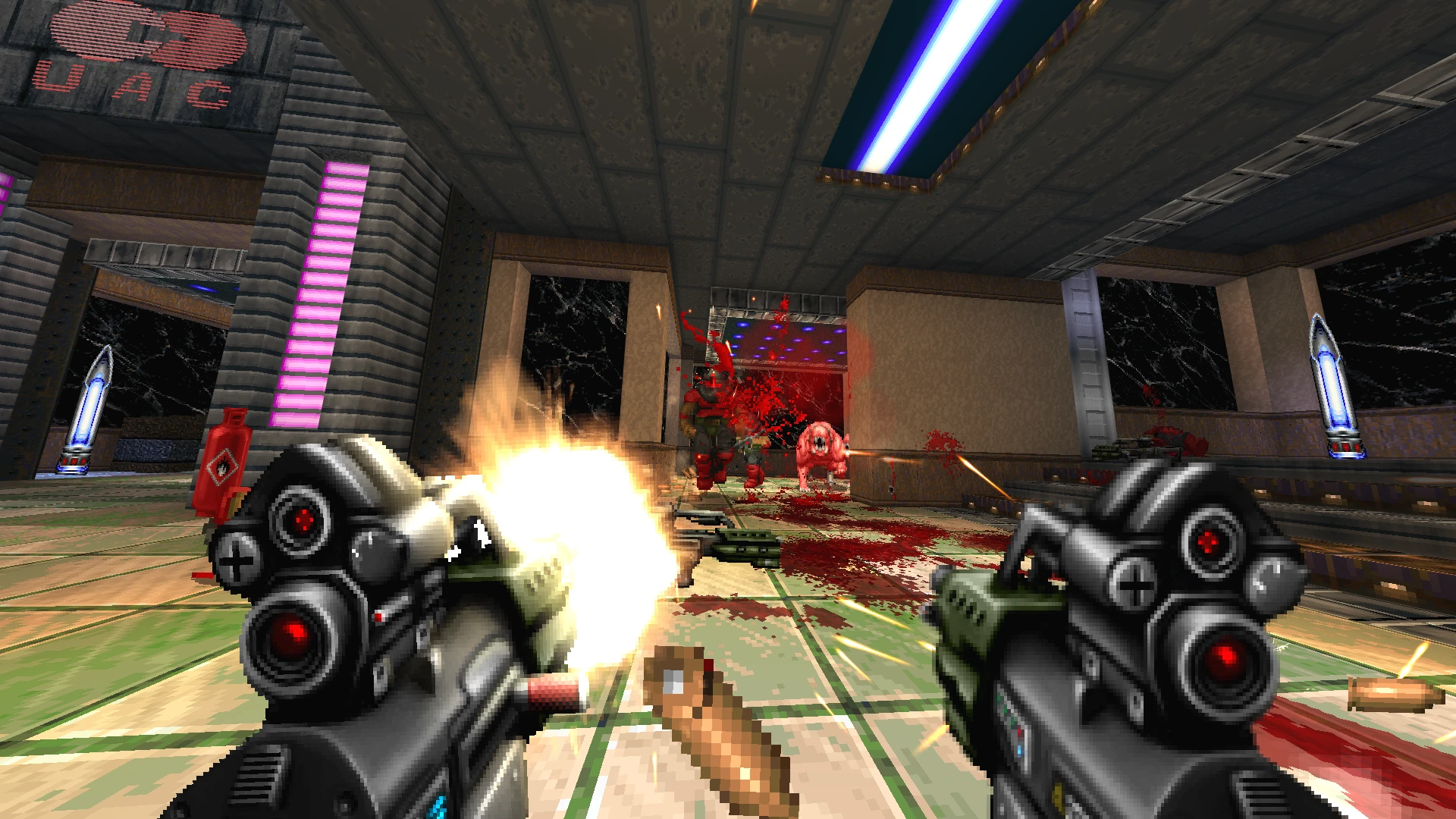 Вид від першої особи з пострілами з двох оружій по демонах у футуристичному інтер'єрі з плямами крові