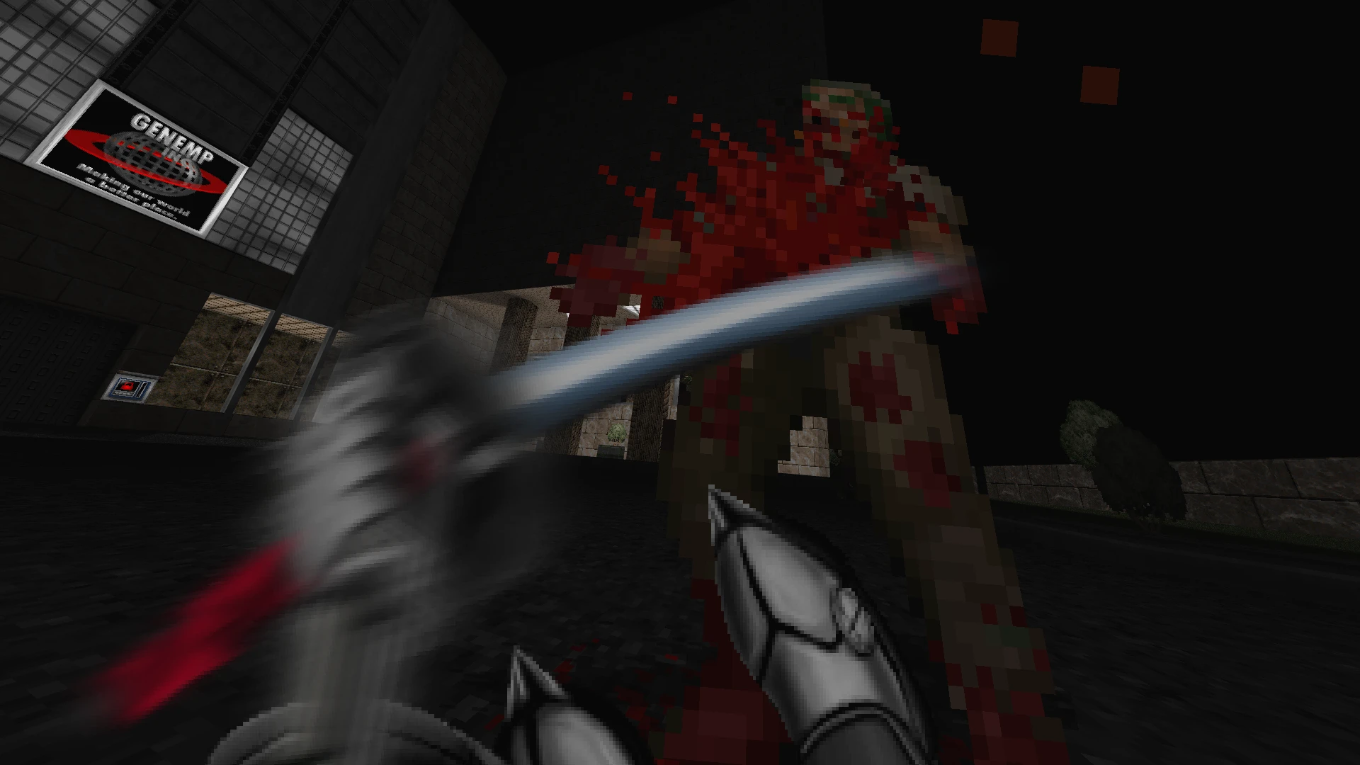 Перша особа в Doom II показує розмите холодне зброю, що вражає крововмісного зомбі в темному середовищі