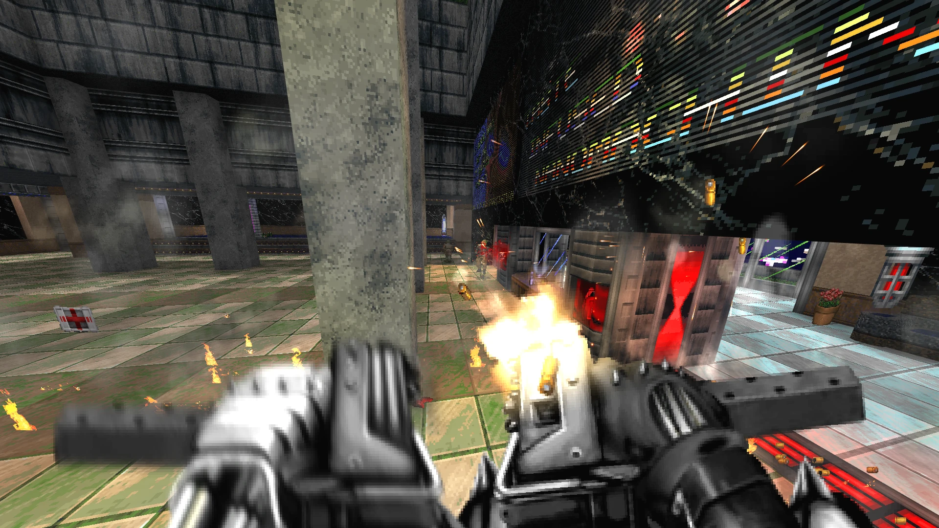 Вид від першої особи на постріли в великому приміщенні з колонами та цифровими панелями на стінах у моді Diamond Dragon для Doom II