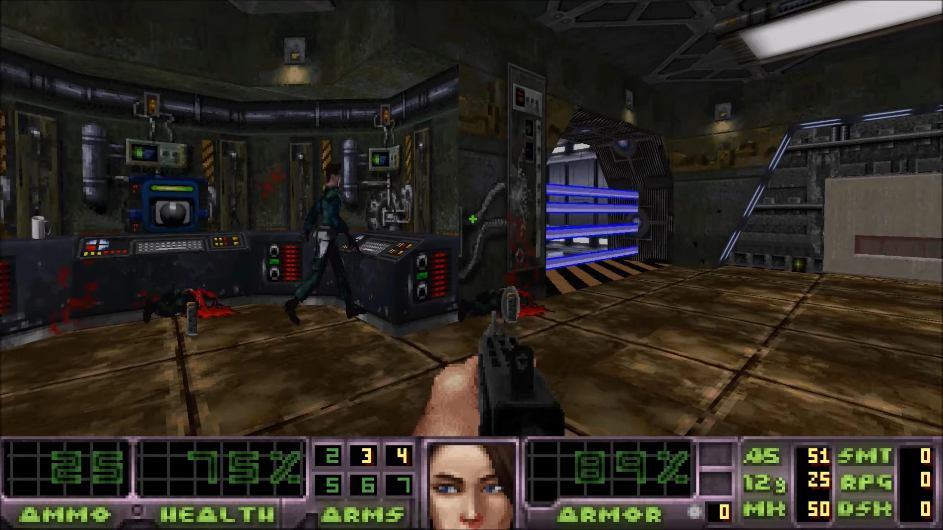 First-person shooter view in a sci-fi corridor with a character and blue laser barriers in Doom II mod