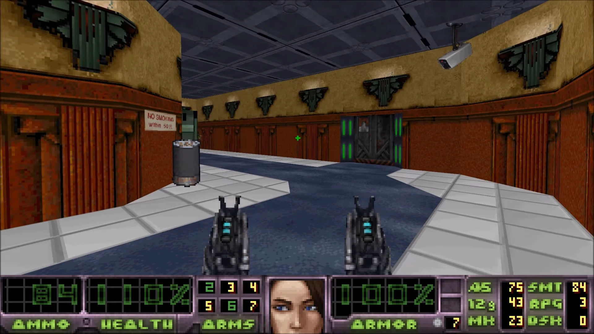 Screenshot of Doom II gameplay with Dirty Pair Mod showing dual pistols in hand and game HUD with health and ammo details