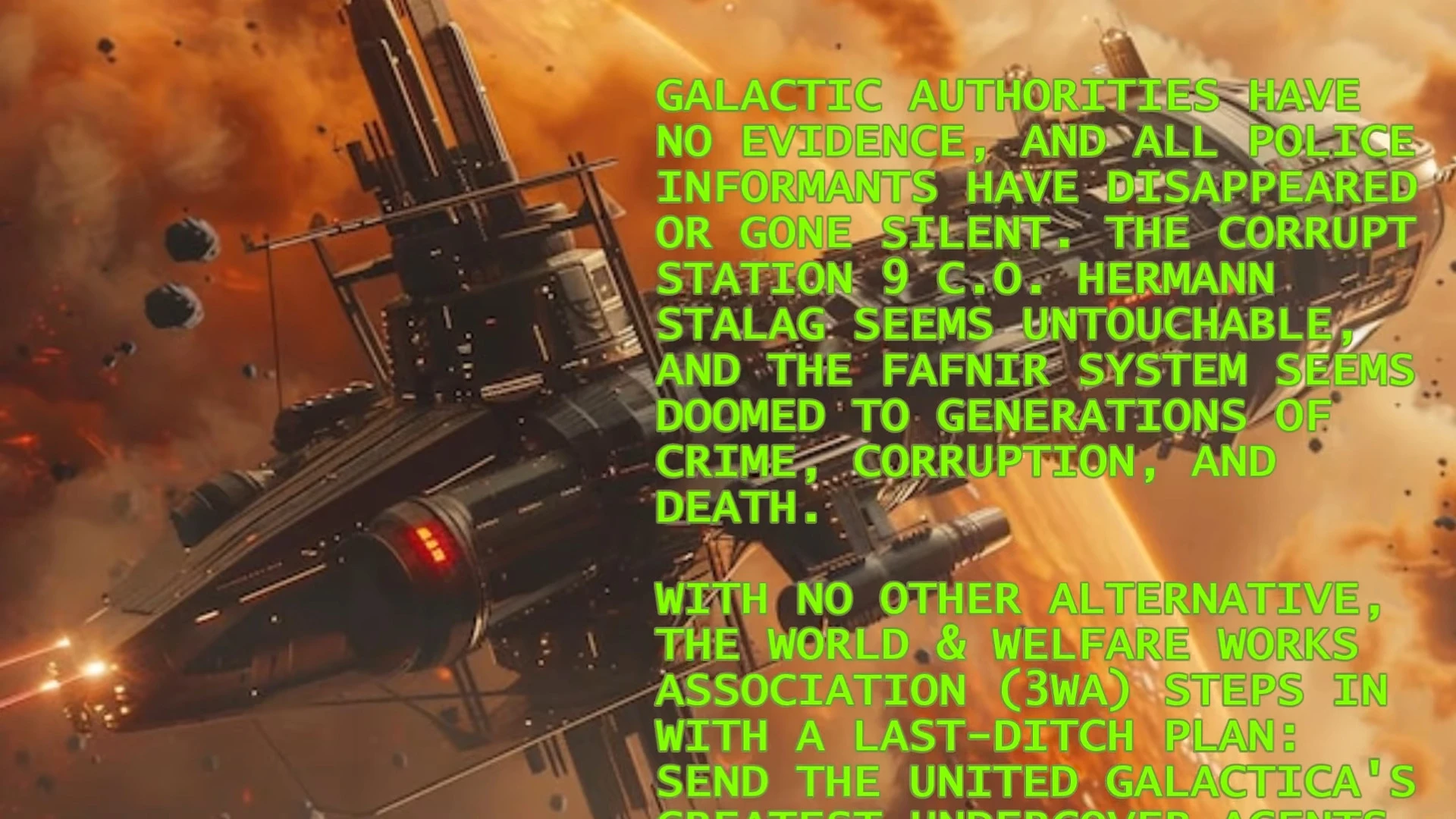 Futuristic space station with green text overlay describing galactic corruption and a last-ditch plan in Doom II Dirty Pair Mod