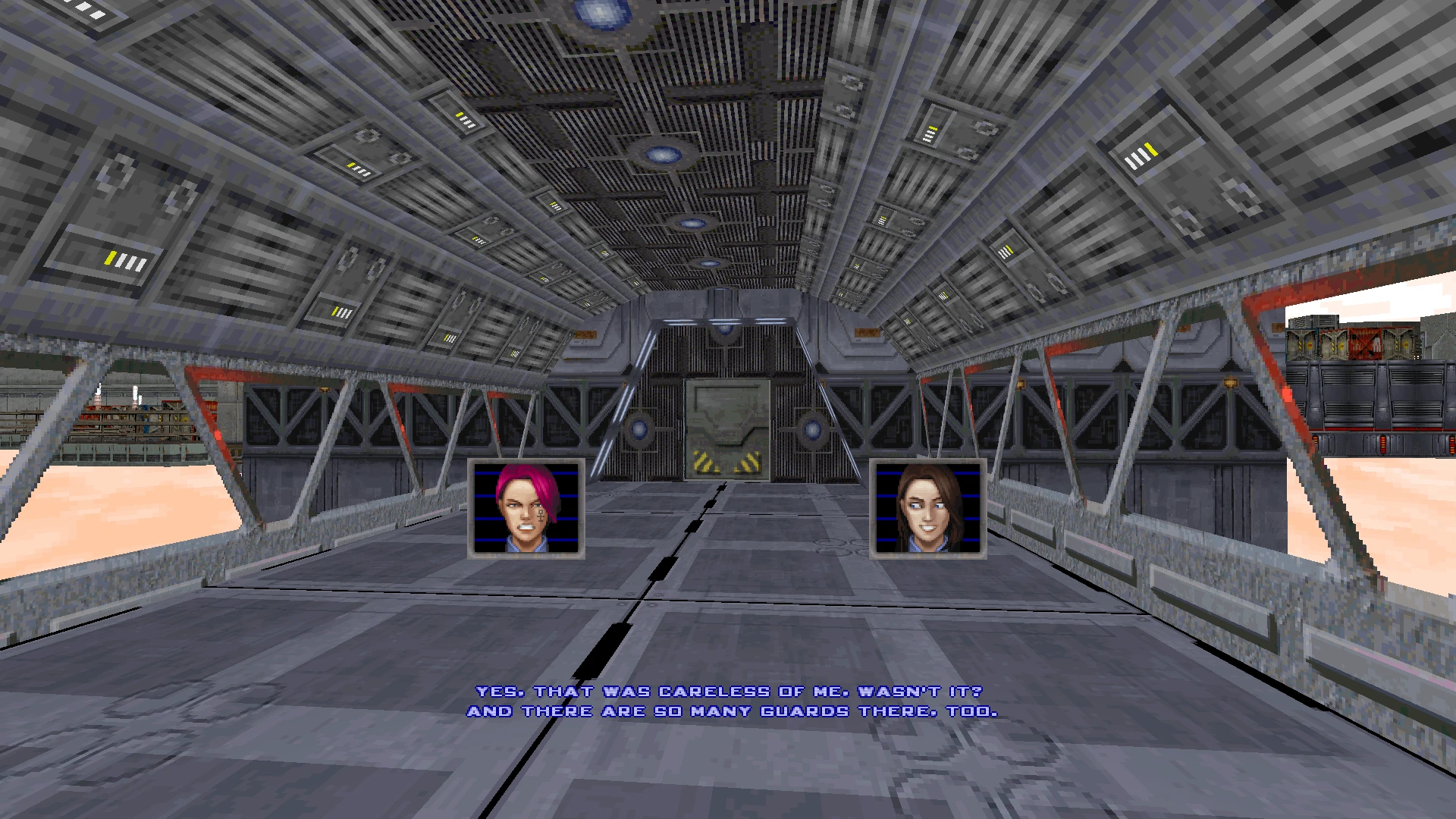View inside a metallic futuristic transport ship hallway with two character portraits and blue subtitle text dialogue