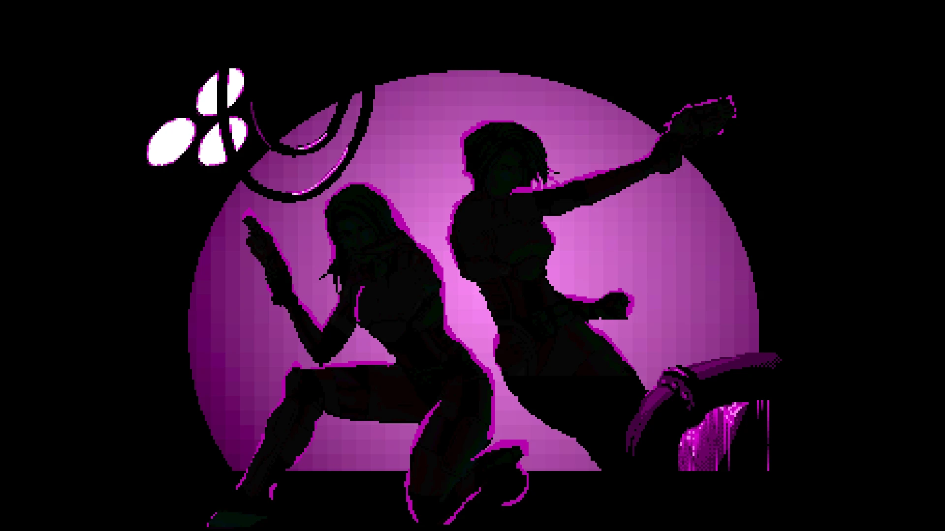 Silhouetted female characters from Dirty Pair mod posed dramatically against a purple backdrop