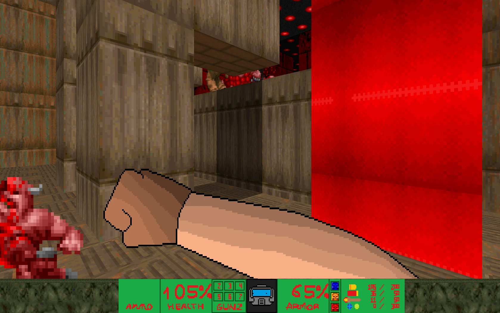 Vista del juego con un gran puño en arte pixelado en el mod DOOB de Doom II con texturas rojas y marrones