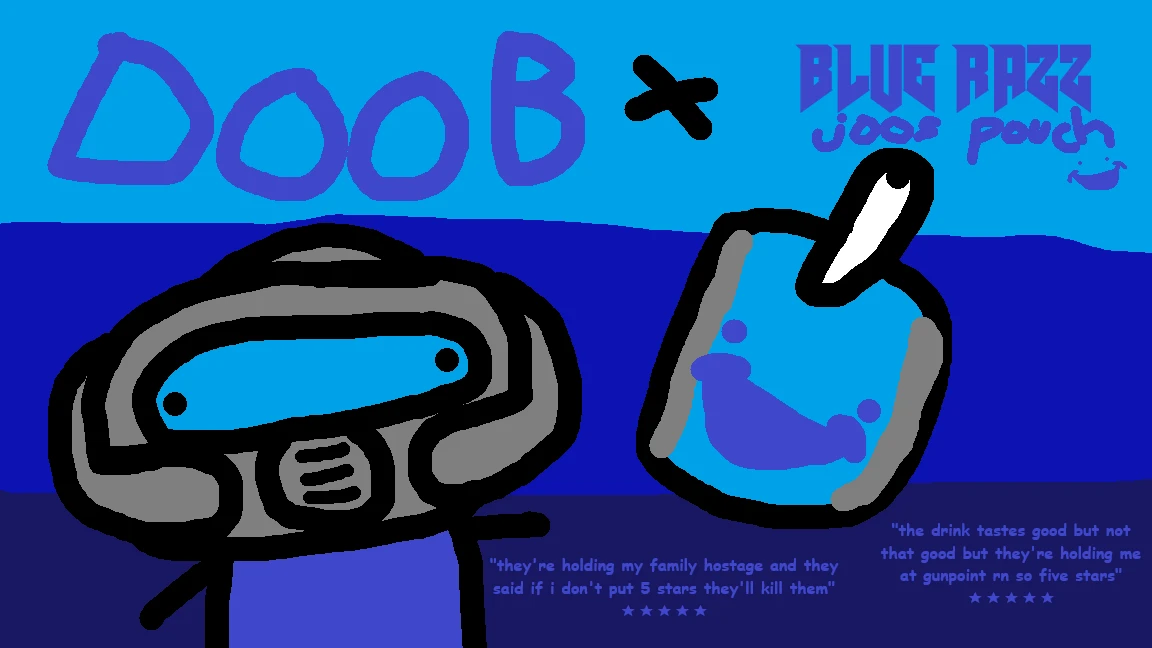Logotipo dibujado a mano del mod DooB y Blue Razz Joos Pouch con reseñas humorísticas de 5 estrellas