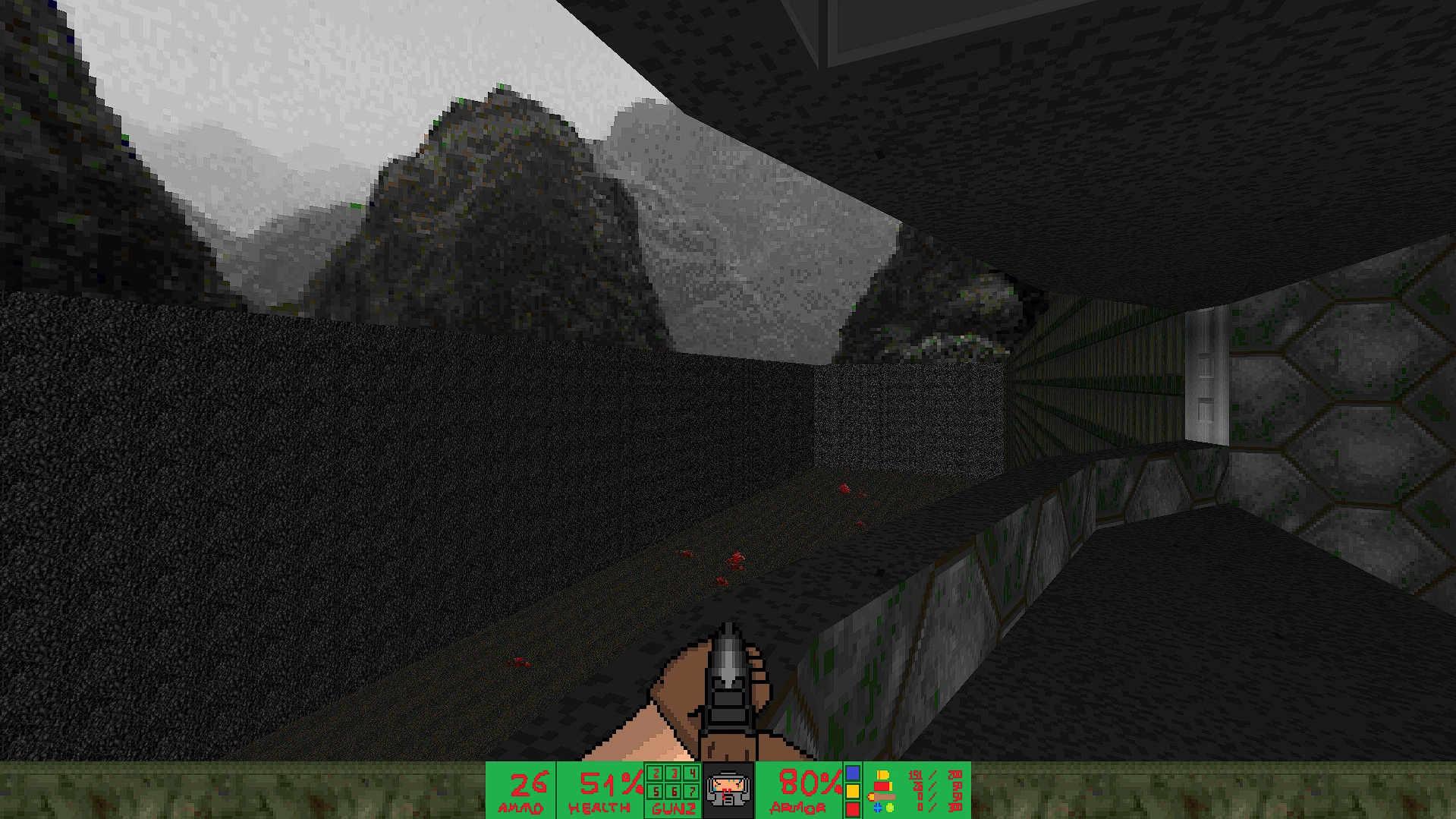 Captura del juego mostrando un cañón rocoso oscuro con pistola y HUD en el mod DOOB para Doom II 1994