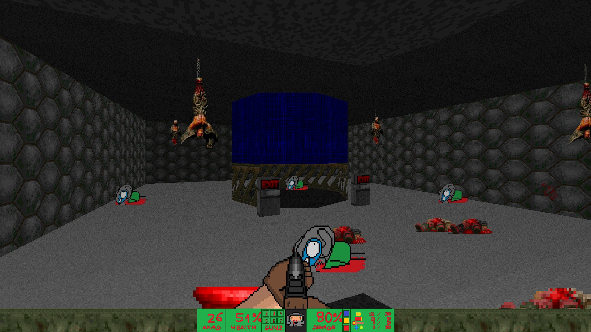 Vista en primera persona en mod DOOB de Doom II con enemigos pixelados muertos en el suelo y cadáveres colgados