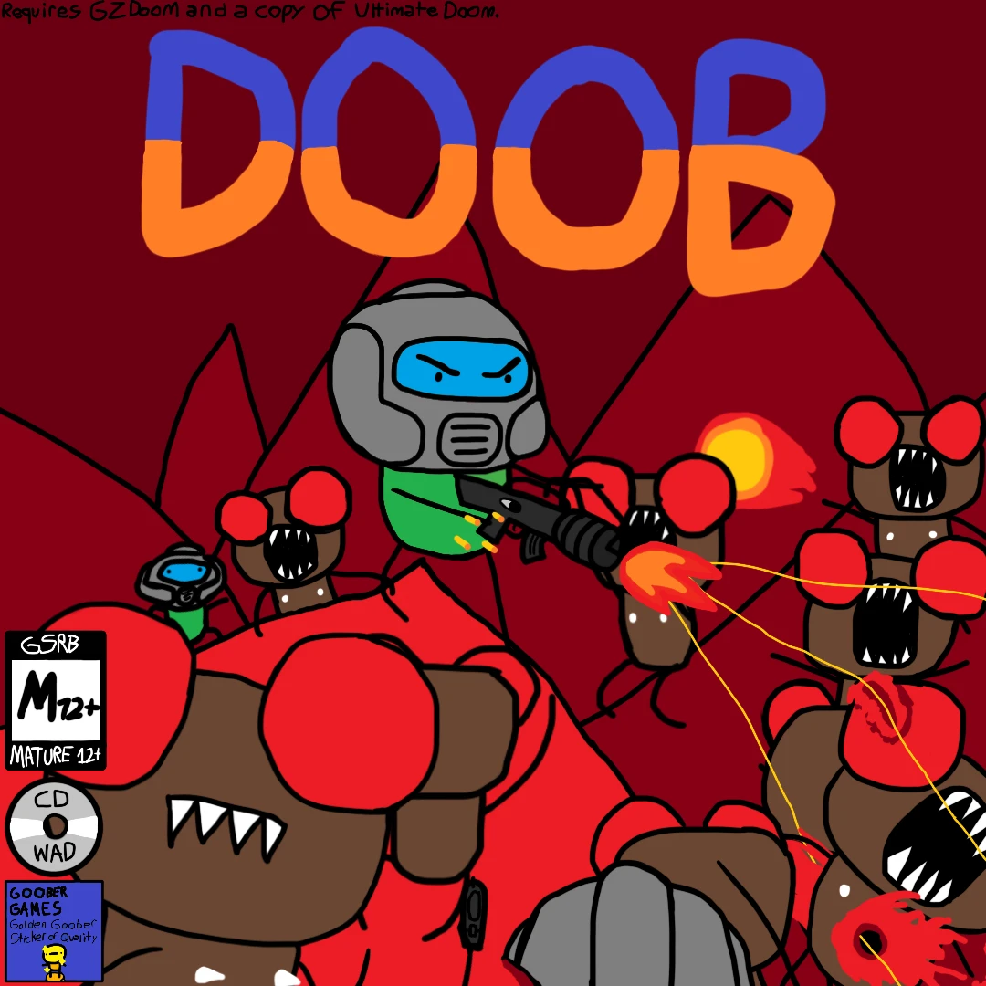 Portada caricaturesca del mod DOOB para Doom II con un personaje disparando a criaturas marrones con puños rojos