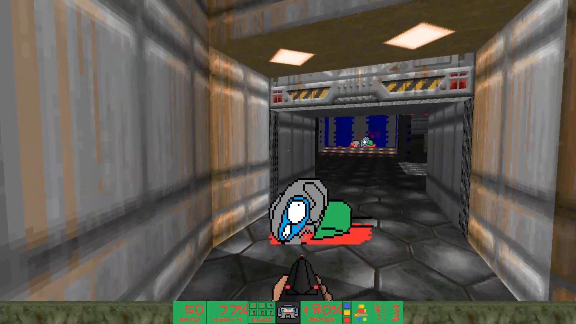 Captura en primera persona mostrando al jugador apuntando a extraterrestres caricaturescos en un corredor futurista de metal en el mod DOOB de Doom II