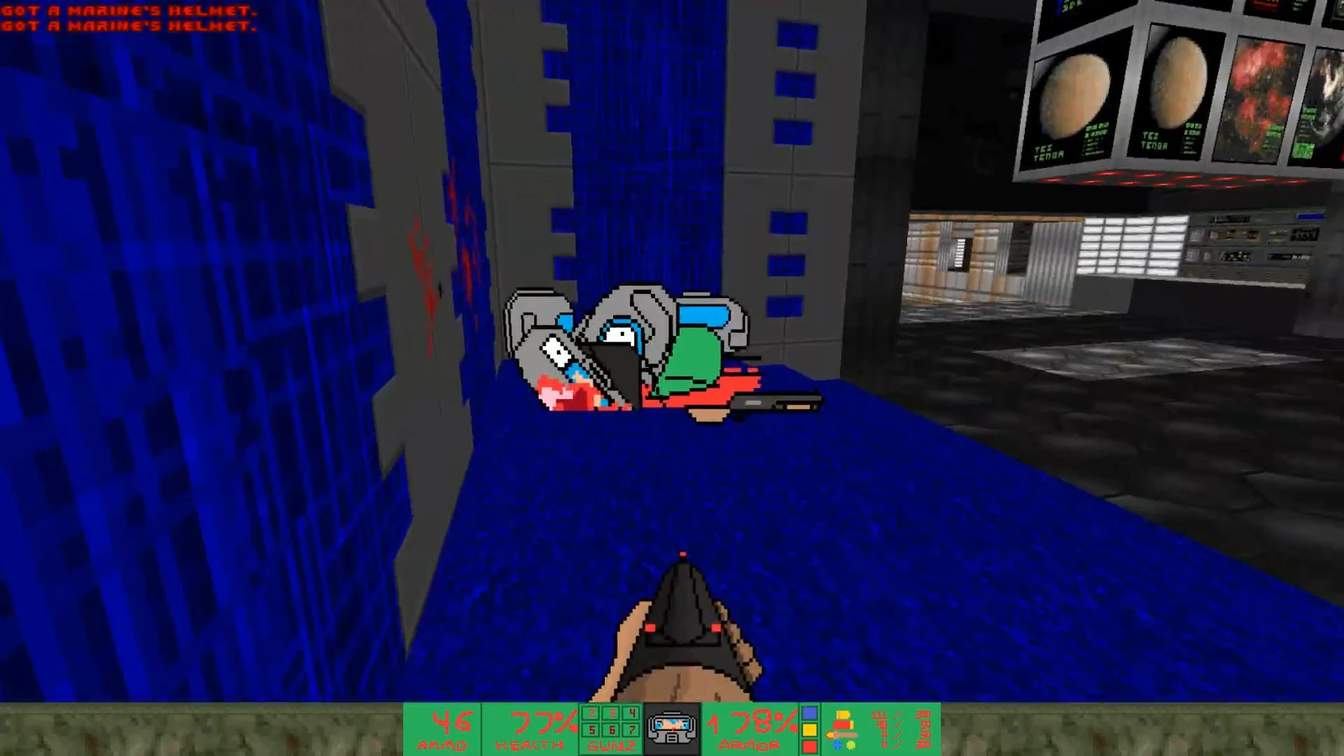 Vista en primera persona con escopeta junto a cascos de marines pixelados y una escopeta en el suelo azul dentro de una base futurista en el mod DOOB de Doom II