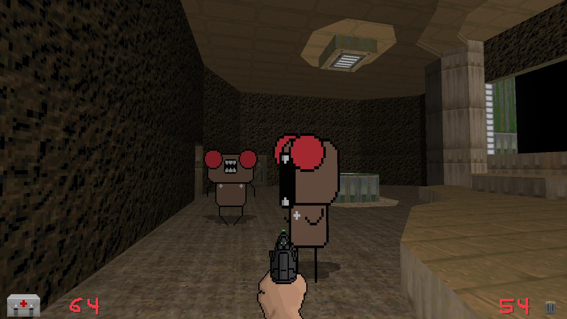 Vista en primera persona mostrando enemigos pixelados con ojos rojos en un pasillo rocoso poco iluminado del mod DOOB de Doom II