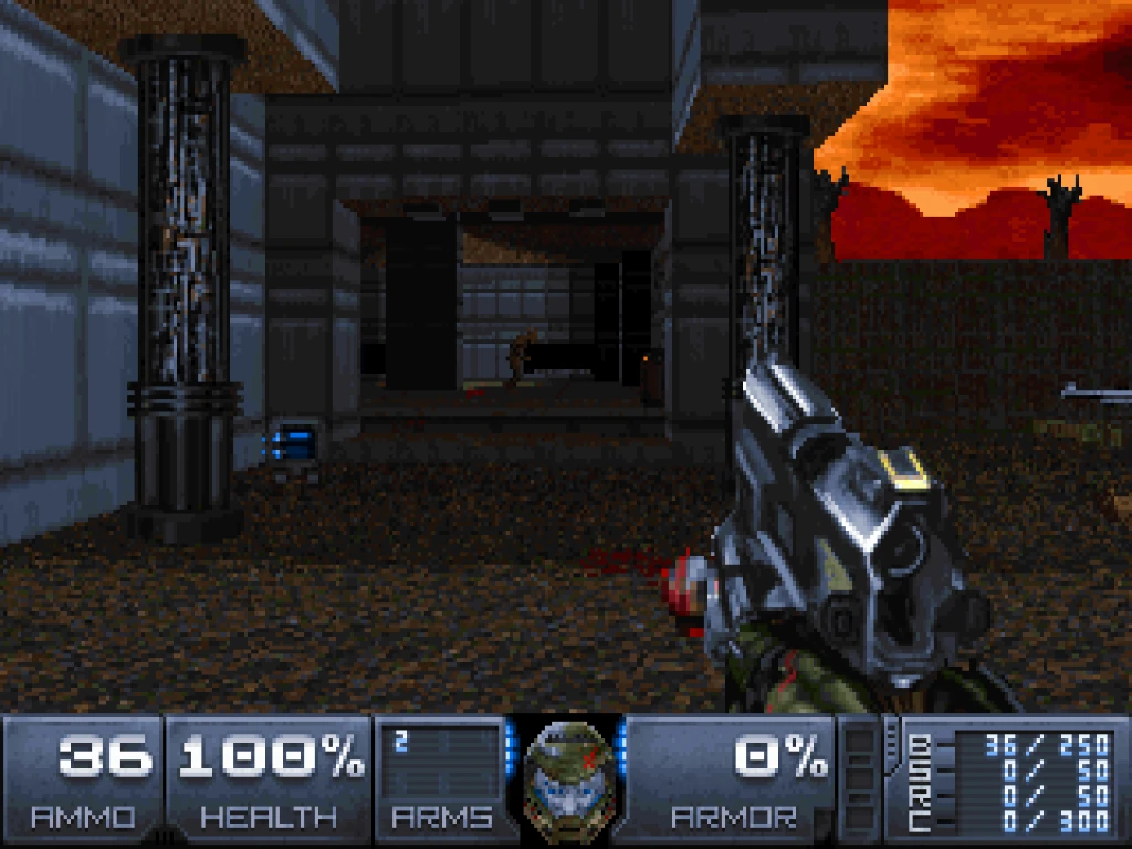 Vista en primera persona del mod DOOM 4 VANILLA de Doom II apuntando con pistola a un pasillo oscuro con salud al 100%