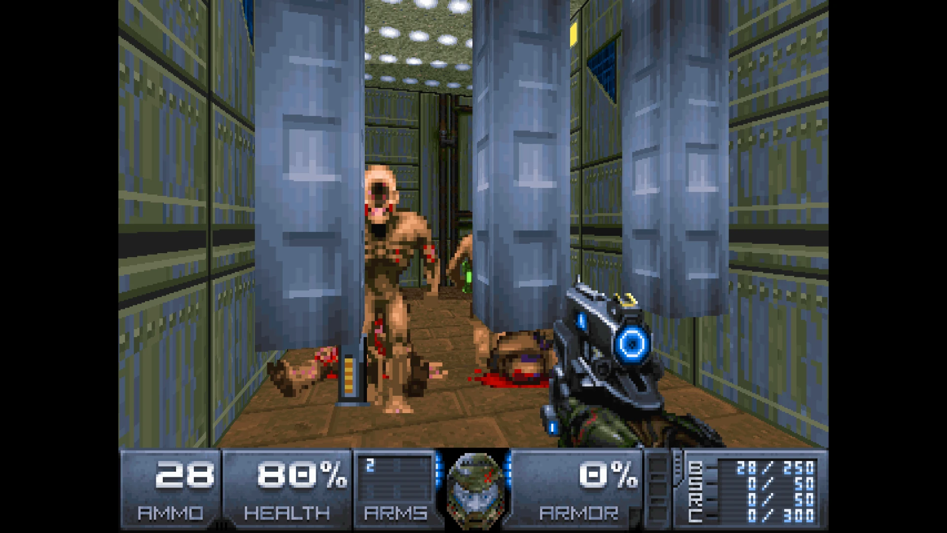 Captura de pantalla de Doom II con el jugador sosteniendo una pistola futurista y zombis en un pasillo estrecho