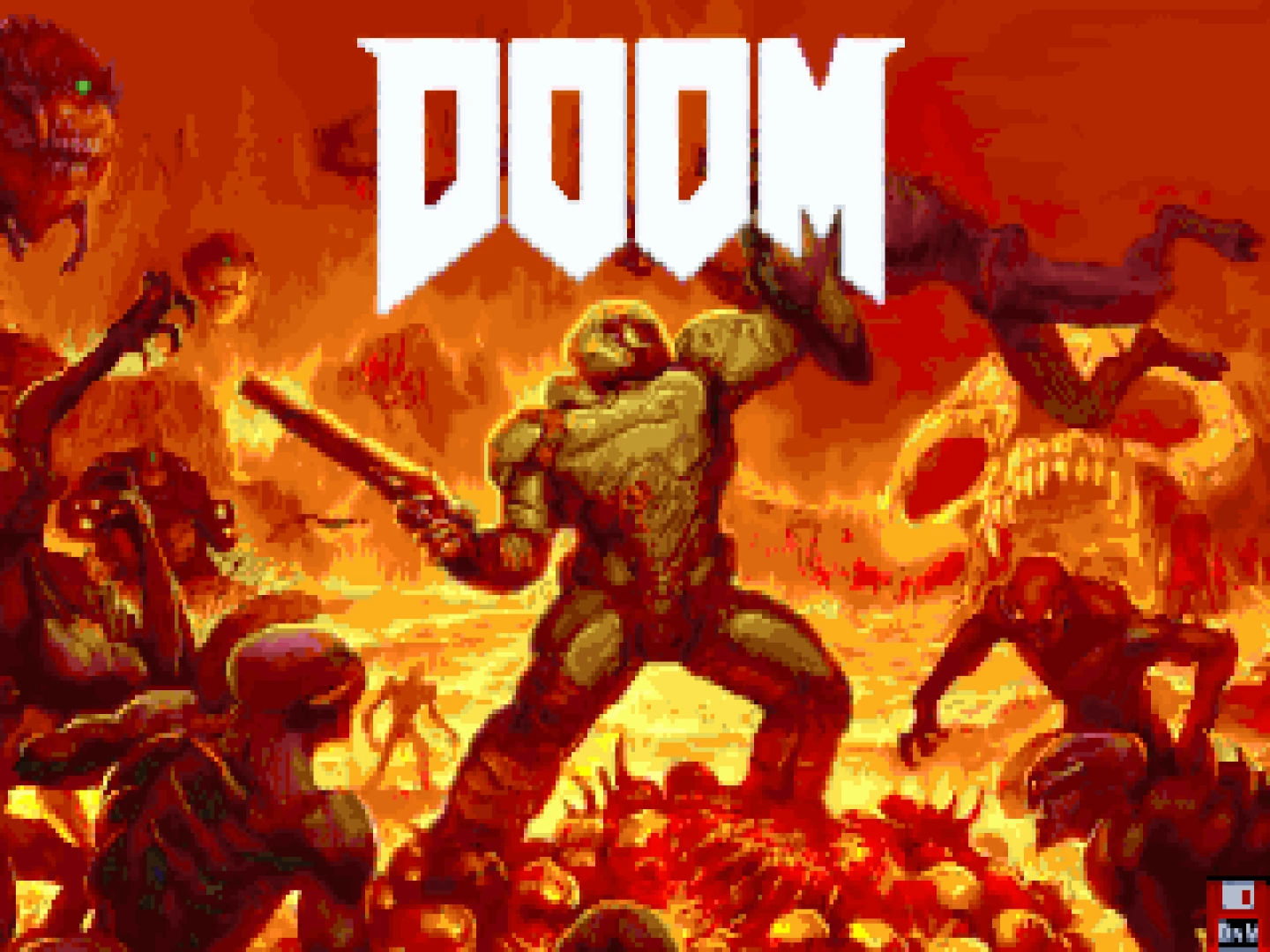 Arte de portada de Doom II mostrando un marine espacial luchando contra demonios en un paisaje infernal en llamas
