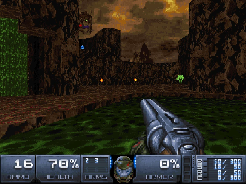 Juego del mod Doom II con jugador con escopeta en cueva oscura mostrando salud y munición