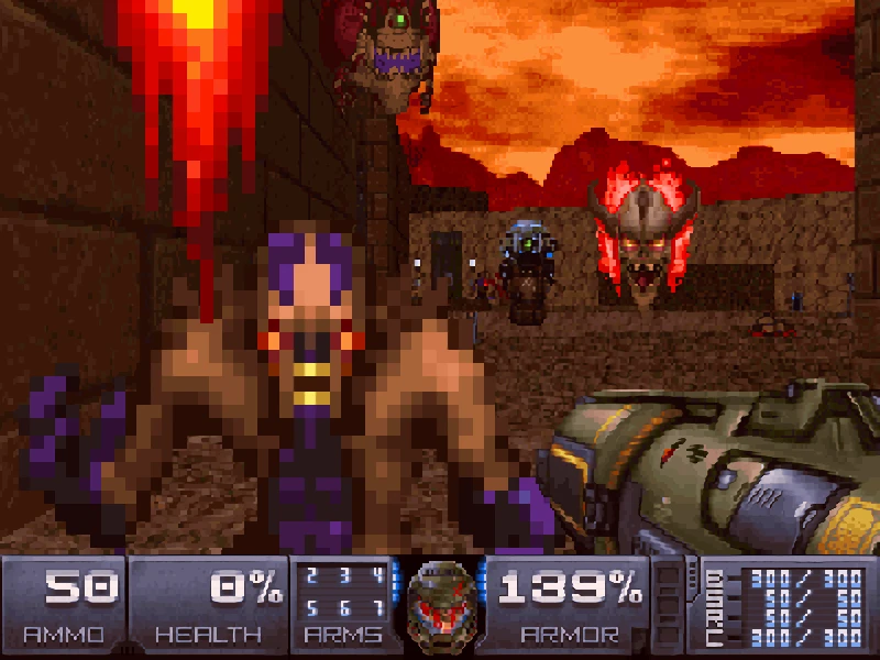 Vista en primera persona de pelea pixelada en Doom II con un jugador usando un arma pesada contra un demonio
