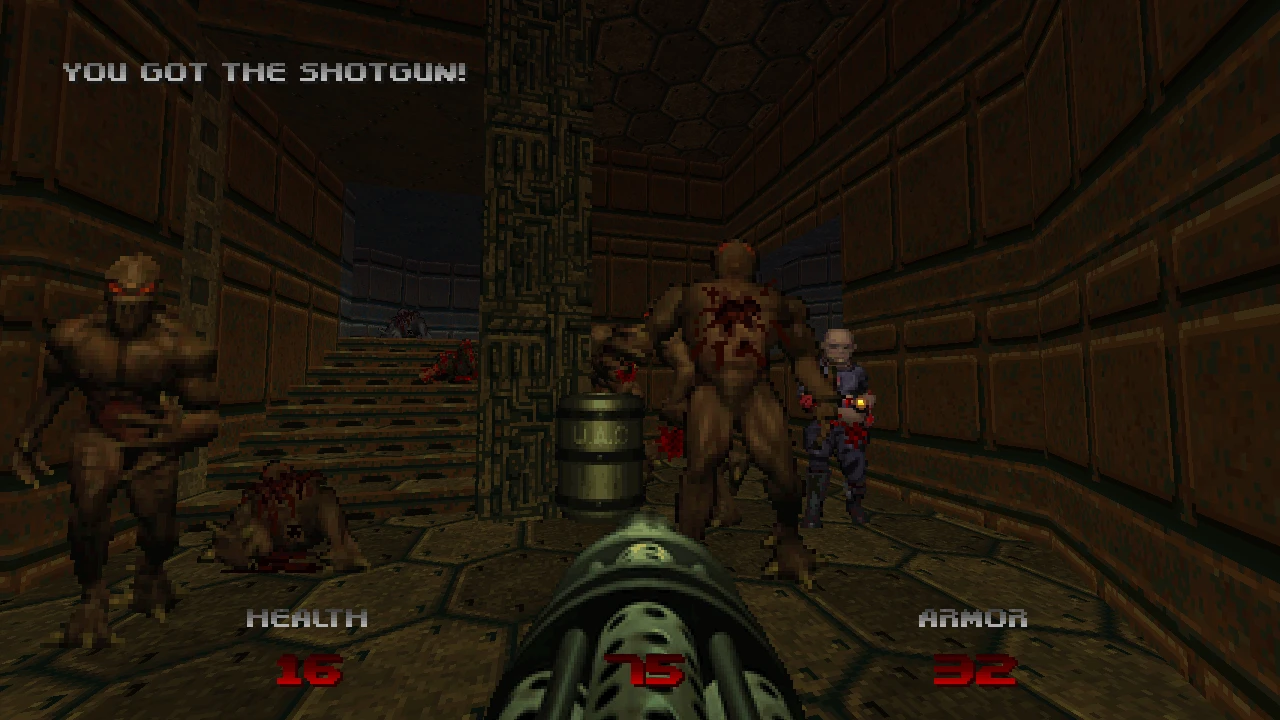Vista en primera persona con escopeta apuntando a varios demonios en un pasillo oscuro durante el mod Doom 64 Unseen Evil