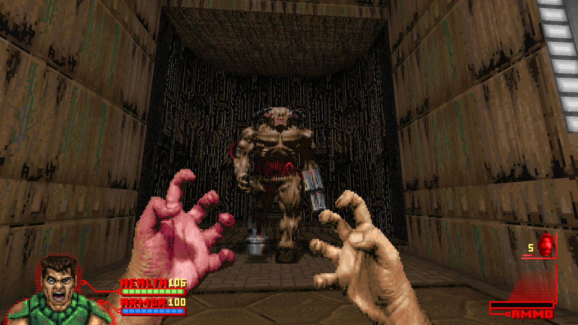 Вид от первого лица геймплея Doom II с модом Doom: Comic '96, приближается враг кибердемон