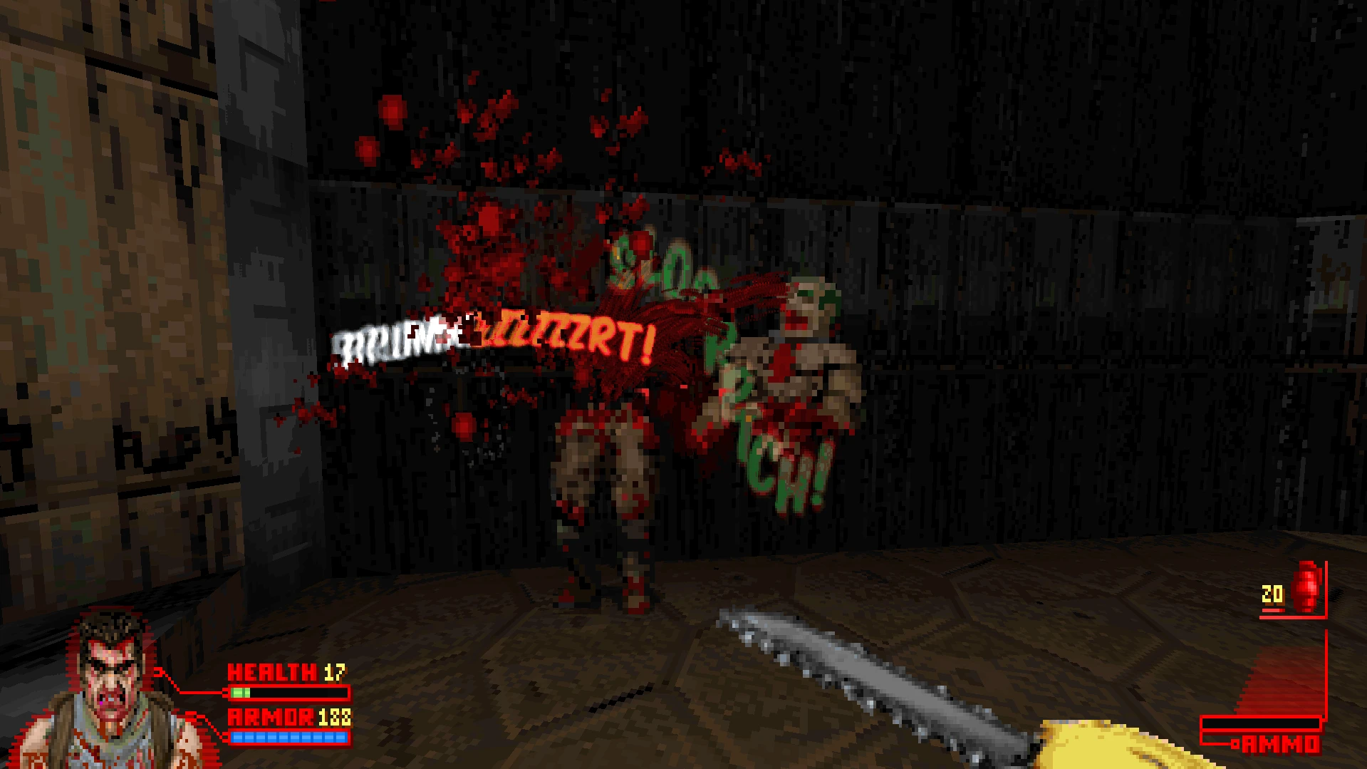 Геймплей Doom II с модом Doom: Comic '96 показывает атаку бензопилой и комиксный эффект крови