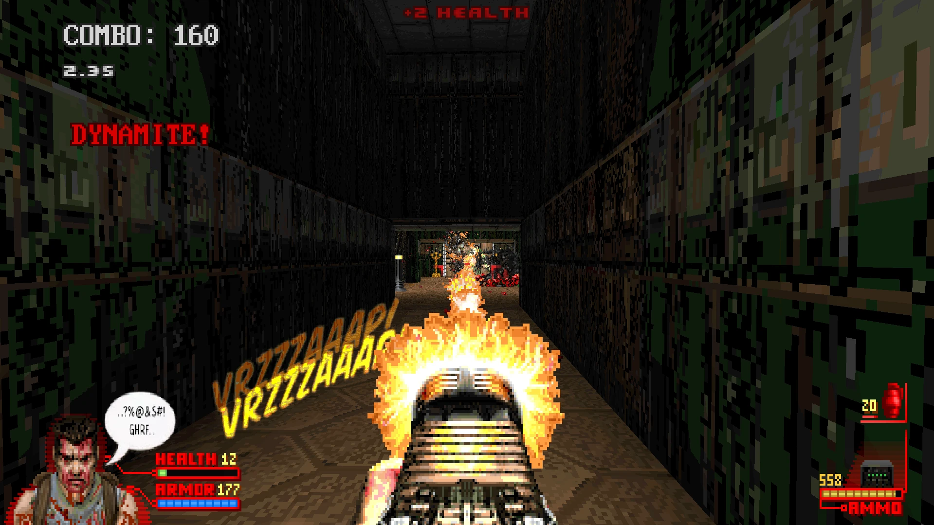 Вид от первого лица, стрельба огнем из оружия по темному коридору в моде Doom Comic '96 для Doom II