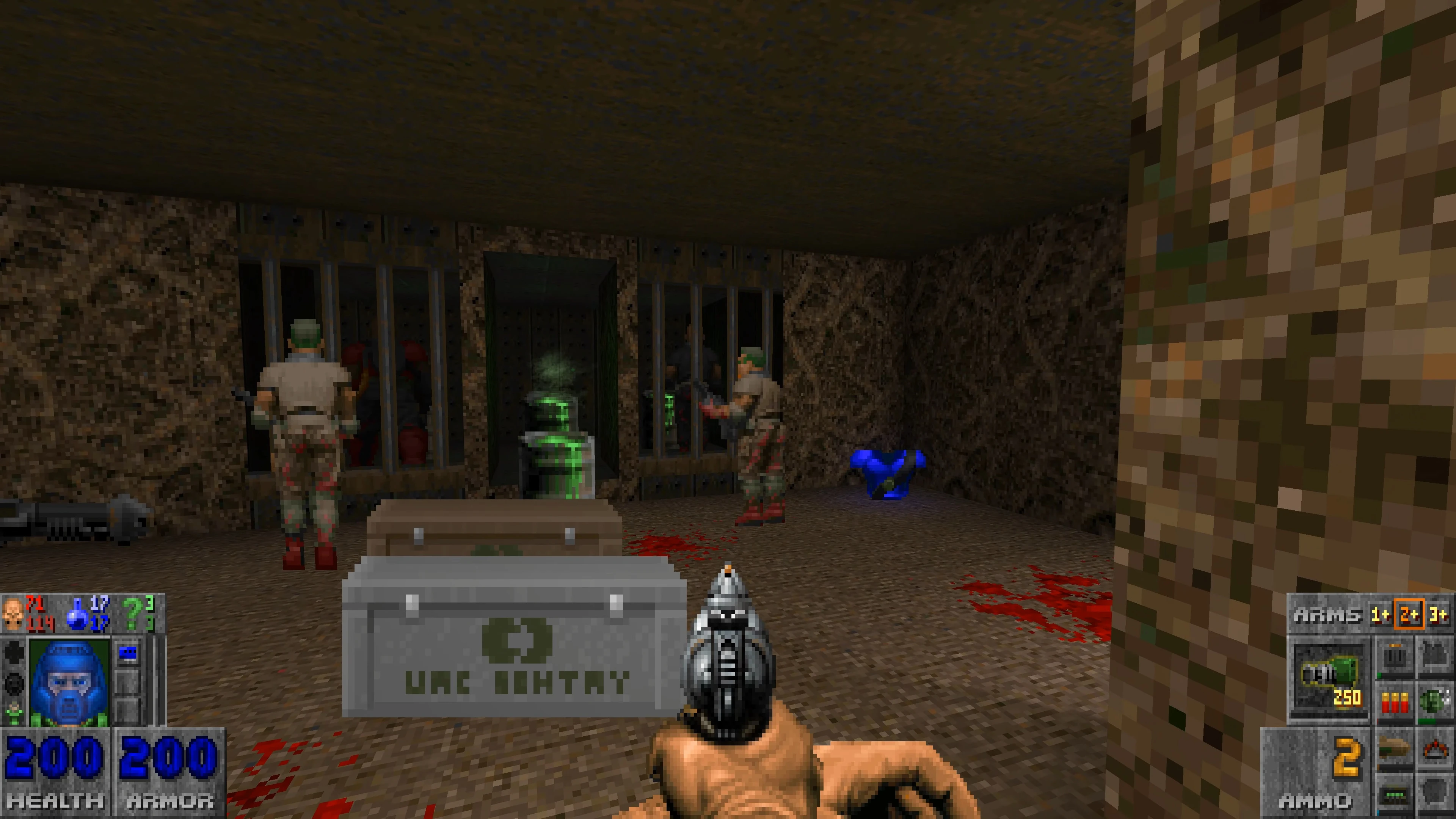 Вид від першої особи в моді Doom Deluxe для Doom II, два солдати охороняють тюремні камери з зеленими каністрами