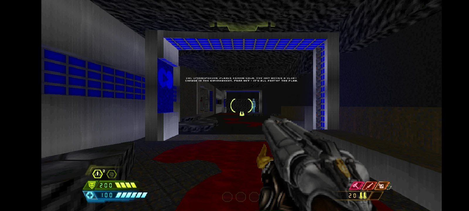 First-person view of a shotgun in a dark, sci-fi corridor with blue lighting and HUD elements in DOOM Eternal Suffering mod
