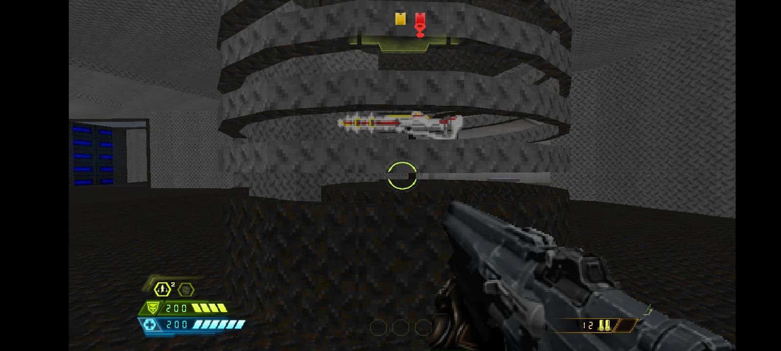 First-person view of shotgun aiming at futuristic rifle pickup in a metallic textured room in Doom II mod