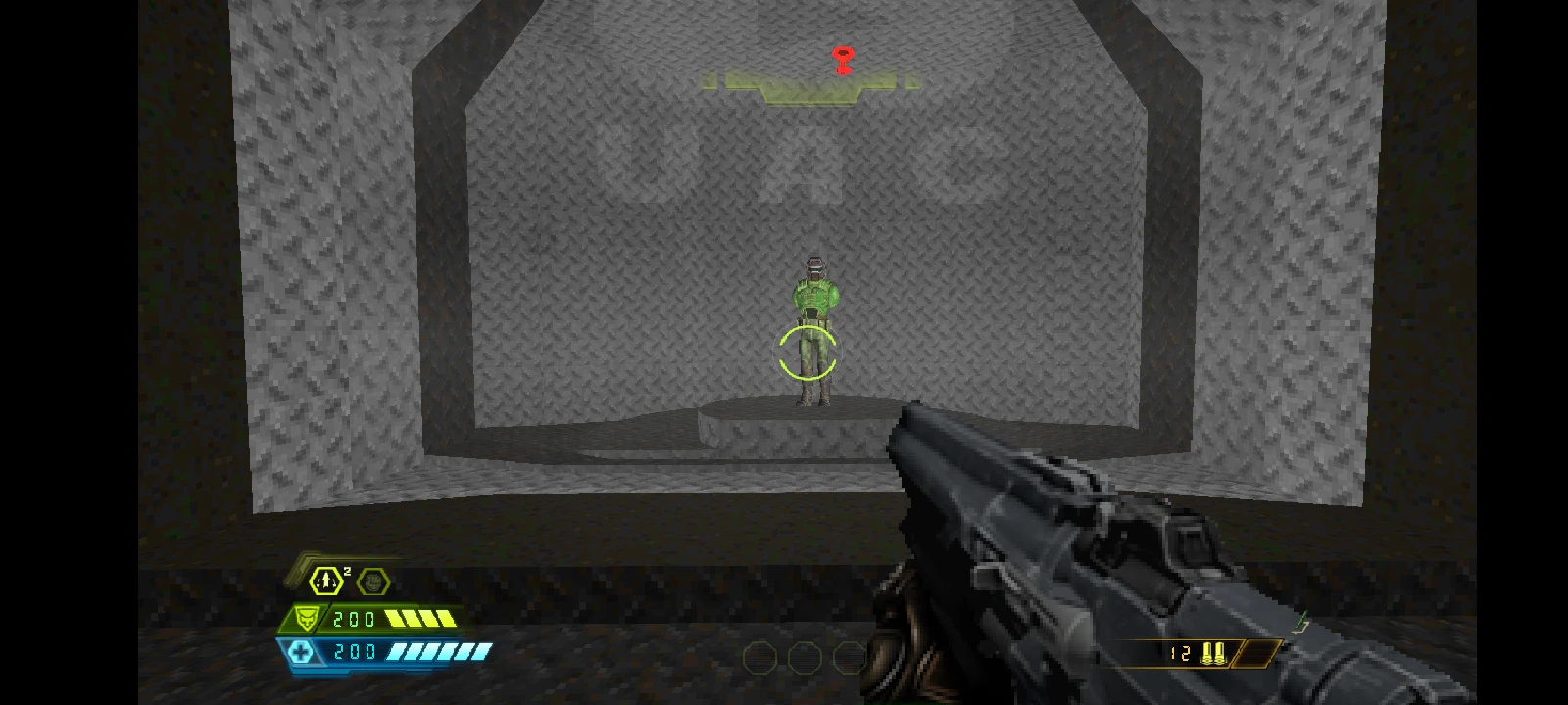 Player aiming shotgun at an enemy in a gray metal room with health and ammo displayed in green and blue