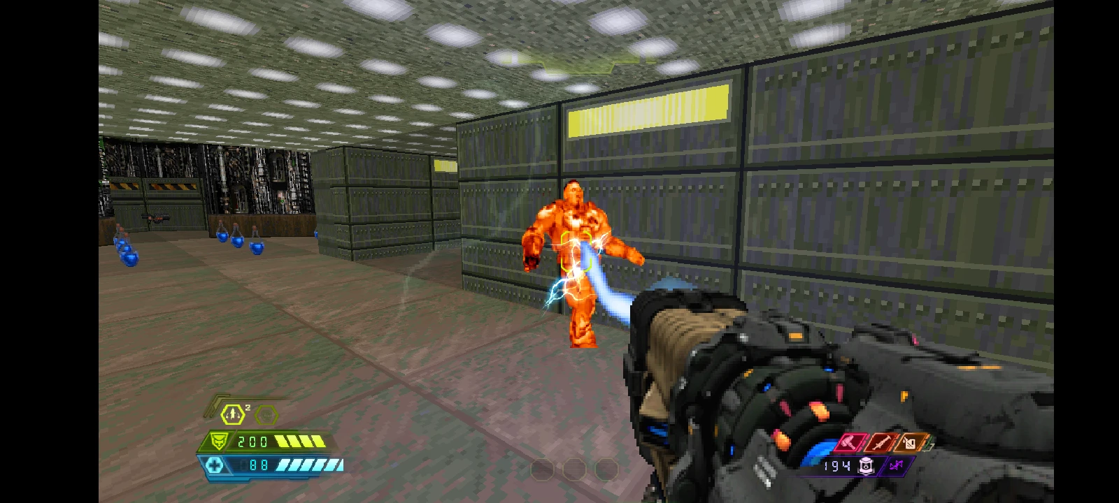 Player shoots an orange Hell Knight with a futuristic weapon in a DOOM Eternal Suffering mod for Doom II