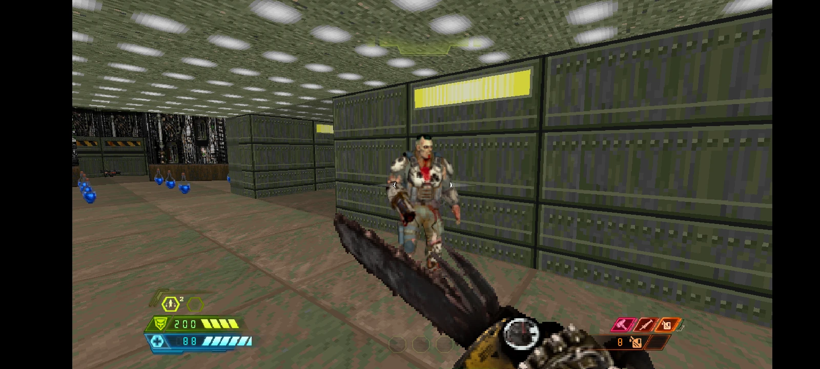 Screenshot from DOOM Eternal Suffering mod showing chainsaw combat against a zombie enemy in a green industrial chamber