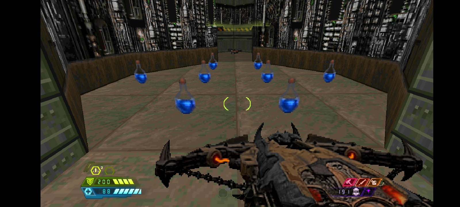 Player view in Doom II mod DOOM Eternal Suffering featuring crossbow, blue health potions, and classic pixelated textures